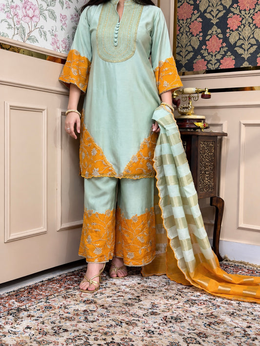 Olive green & orange chanderi organza embroidered grace