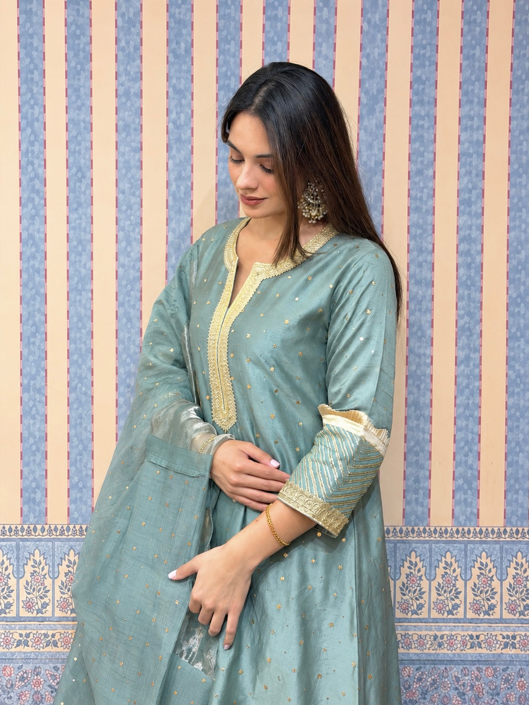 Blue Muqaish Chanderi Set