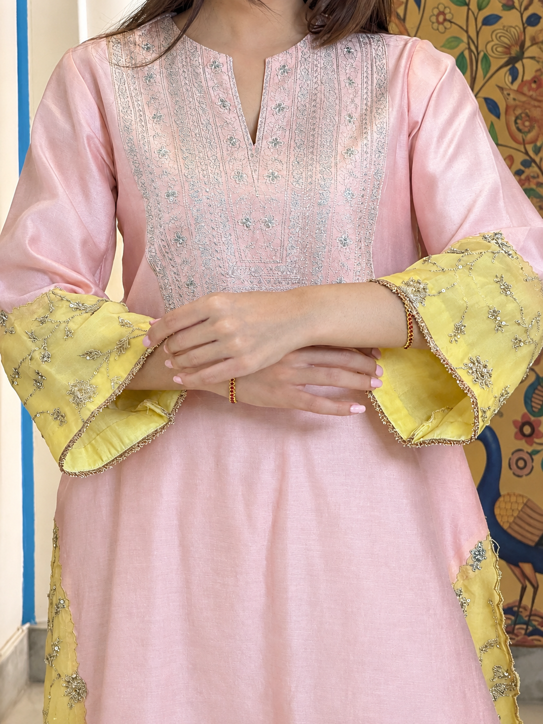 Peach & yellow chanderi organza embroidered grace set