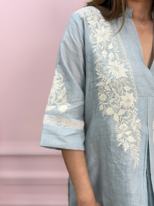 Sky Blue Embroidered Linen Co-ord Set image 1