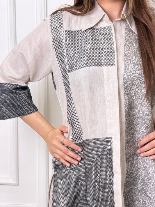 White Grey Panel Linen Co-ord Set image 1
