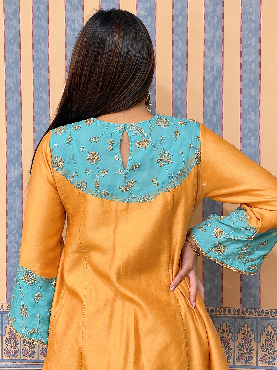 Orange & aqua chanderi organza embroidered grace set