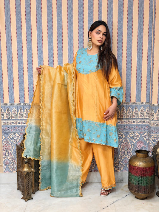 Orange & aqua chanderi organza embroidered grace set