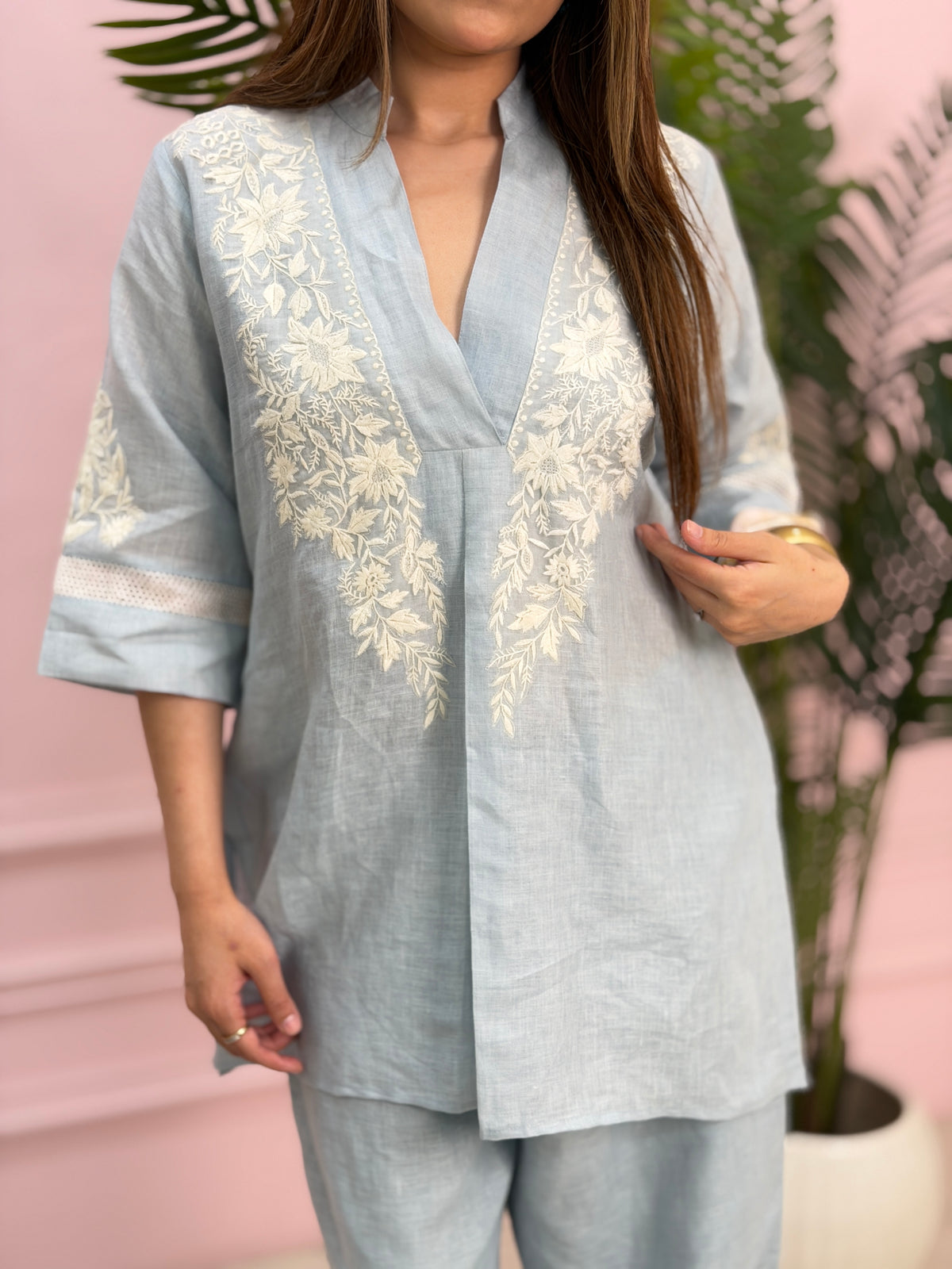 Sky Blue Embroidered Linen Co-ord Set image 2