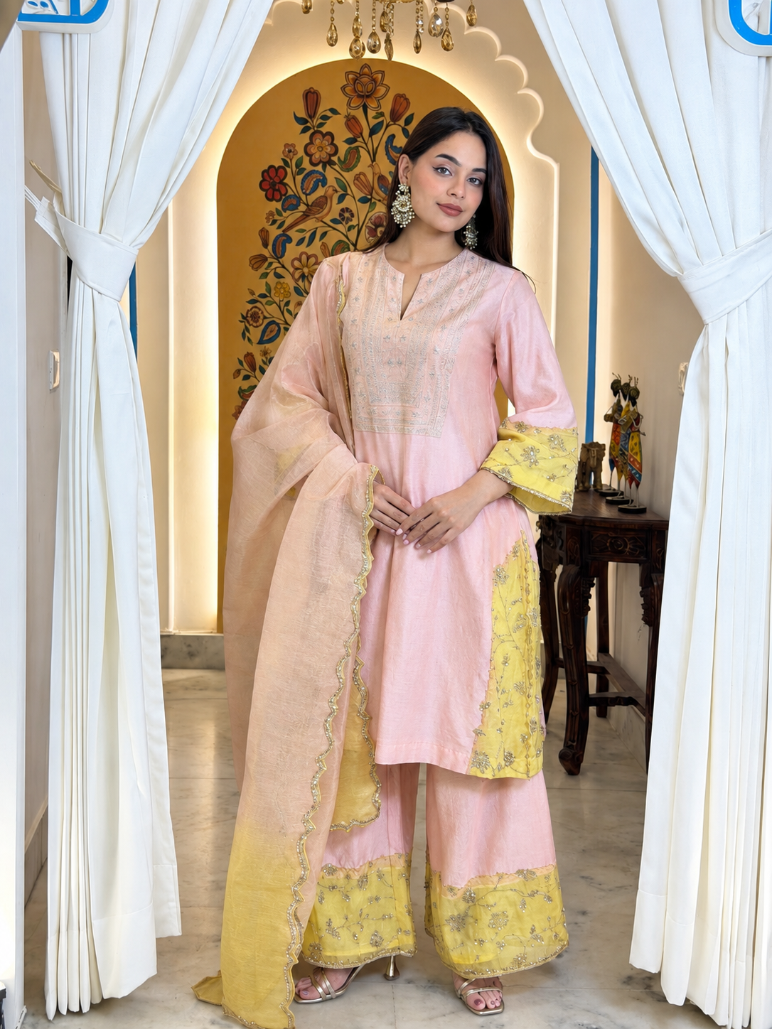 Peach  & yellow chanderi organza embroidered grace set