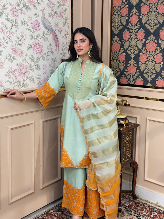 Olive green & orange chanderi organza embroidered grace