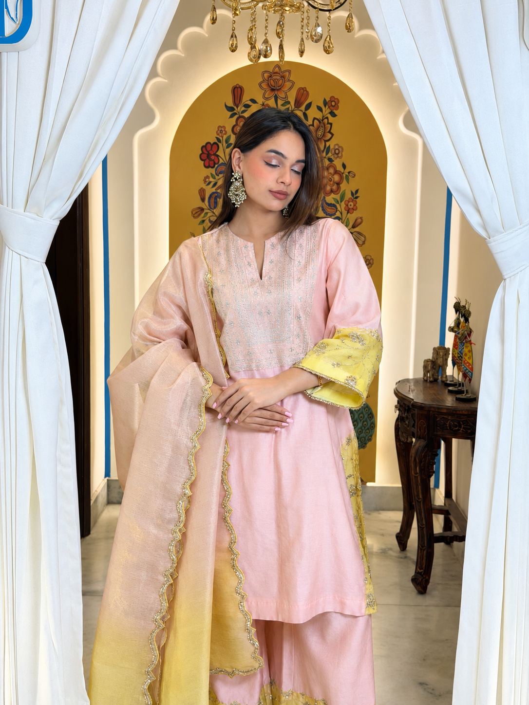Peach  & yellow chanderi organza embroidered grace set