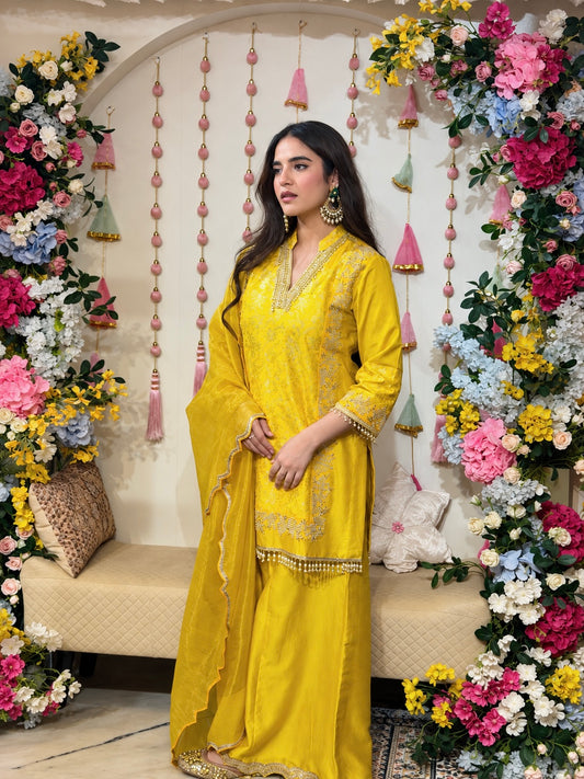 Yellow Brocade Chanderi  Set