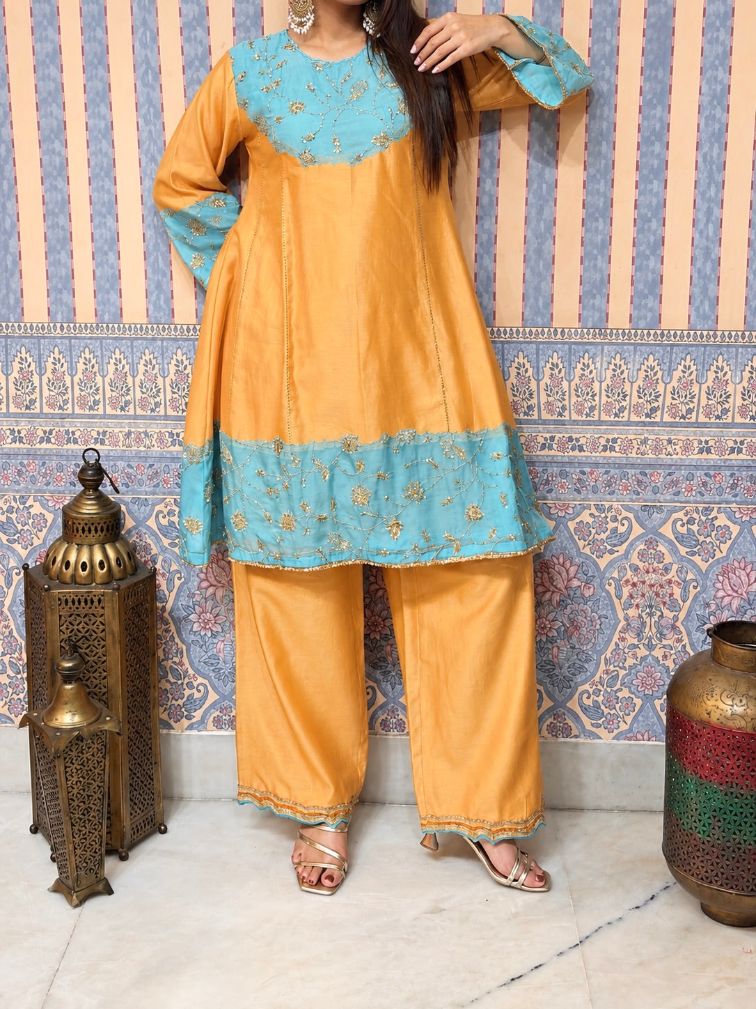 Orange & aqua  chanderi organza embroidered grace set