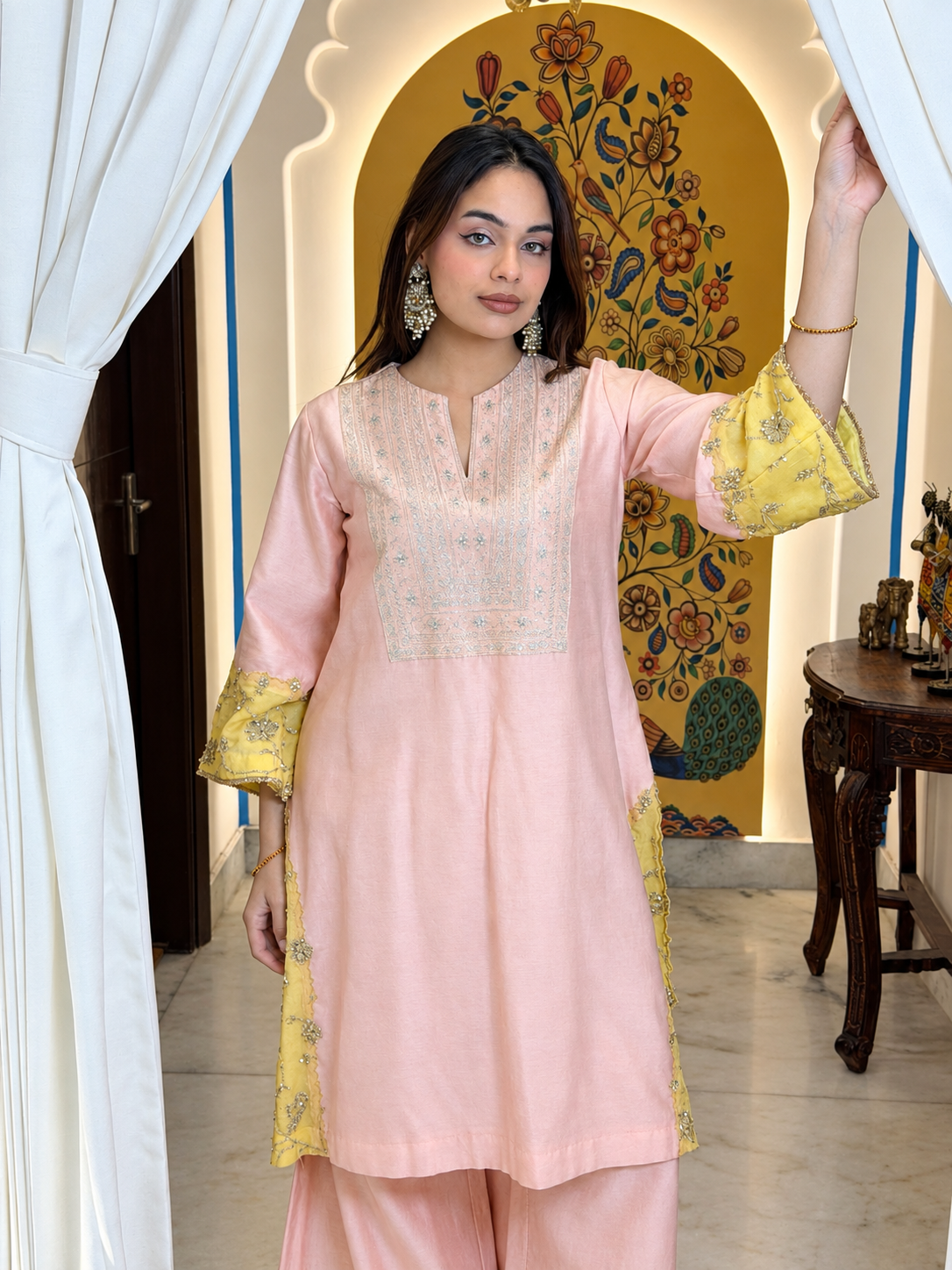 Peach  & yellow chanderi organza embroidered grace set