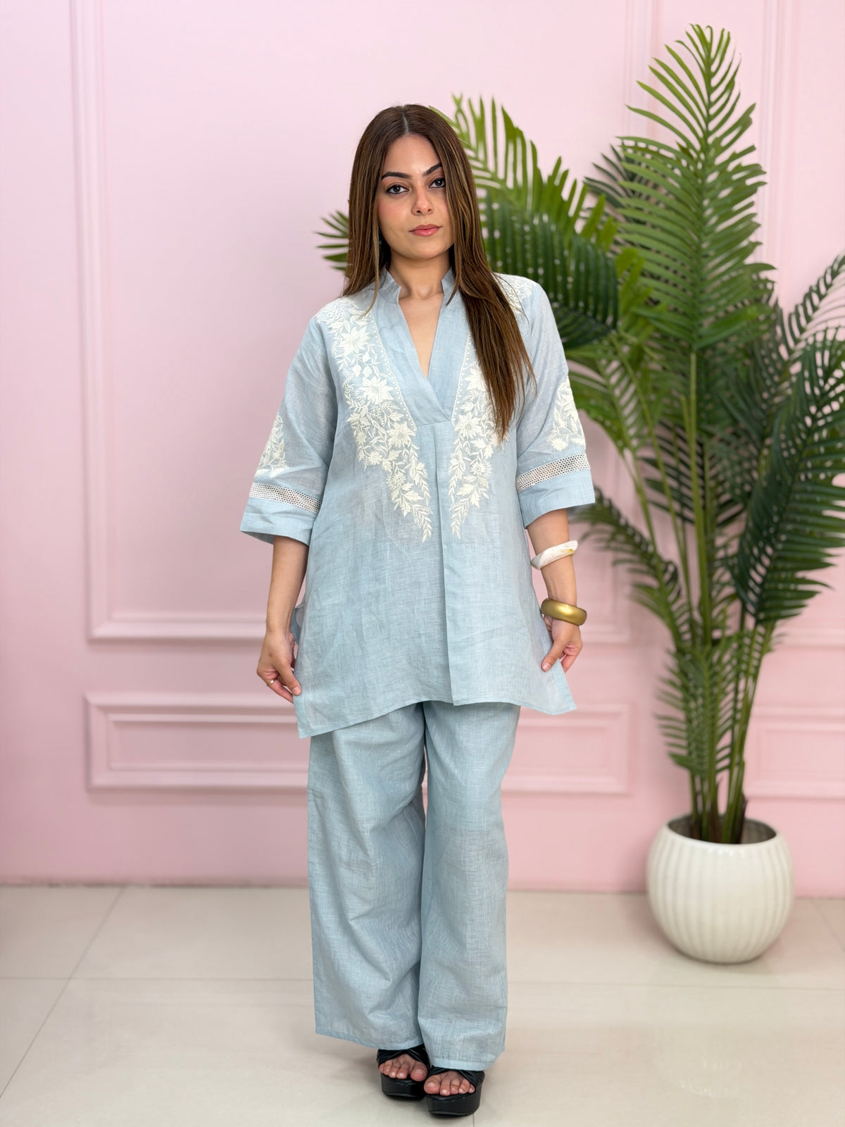 Sky Blue Embroidered Linen Co-ord Set image 4