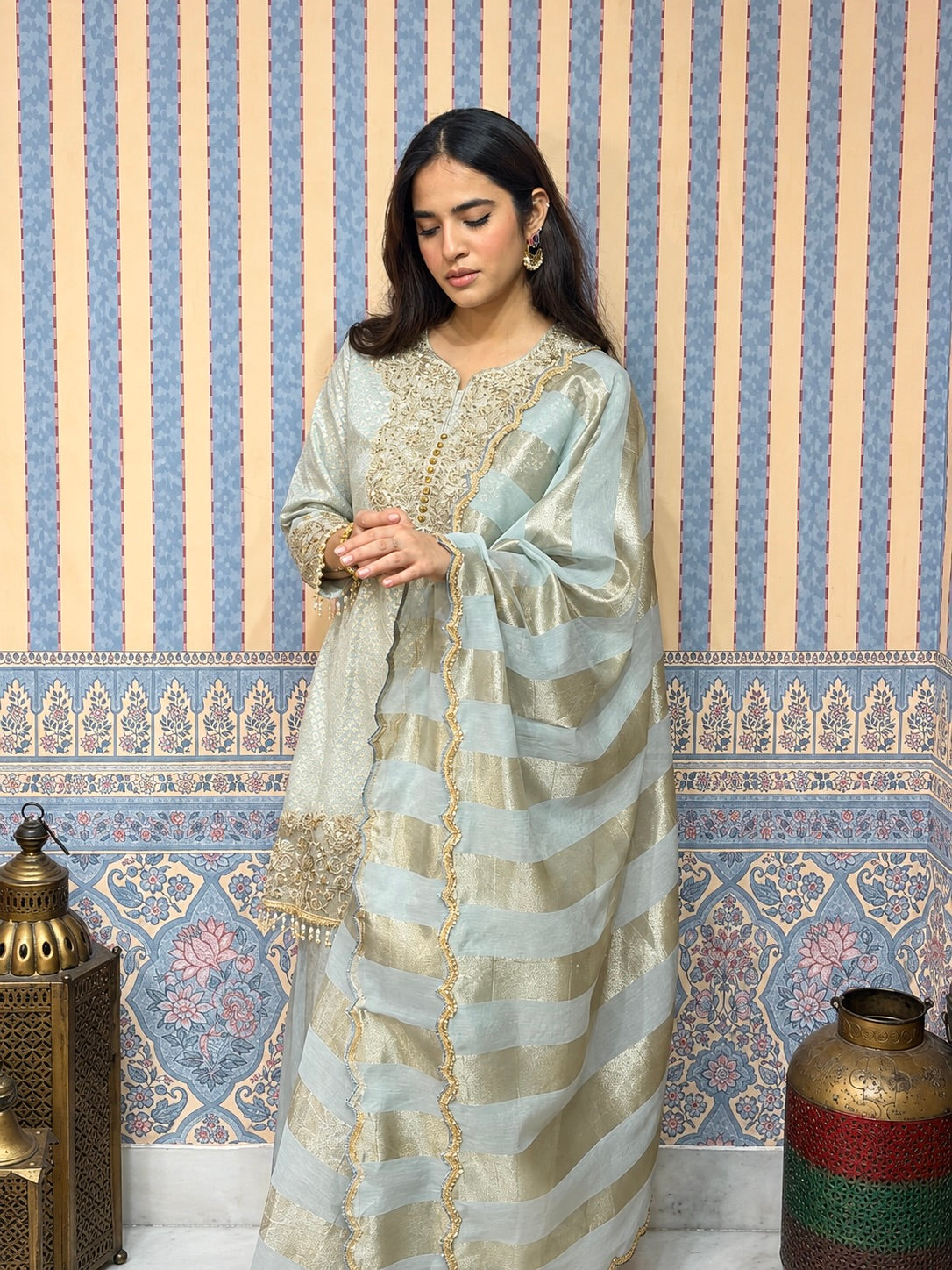 Ash  Blue Banarasi Chanderi Sharara
