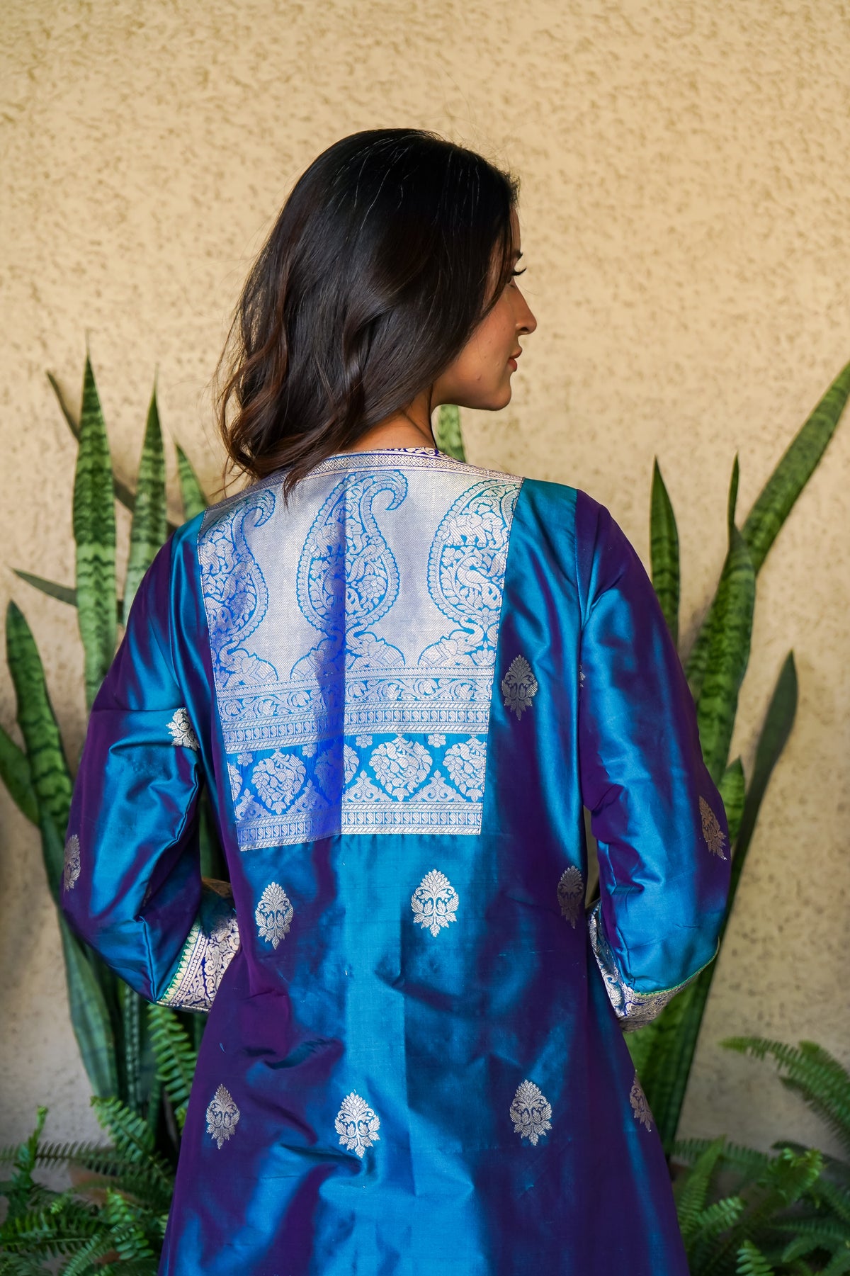 Persian Blue Cross Shade with Silver Banarasi Flare image 2