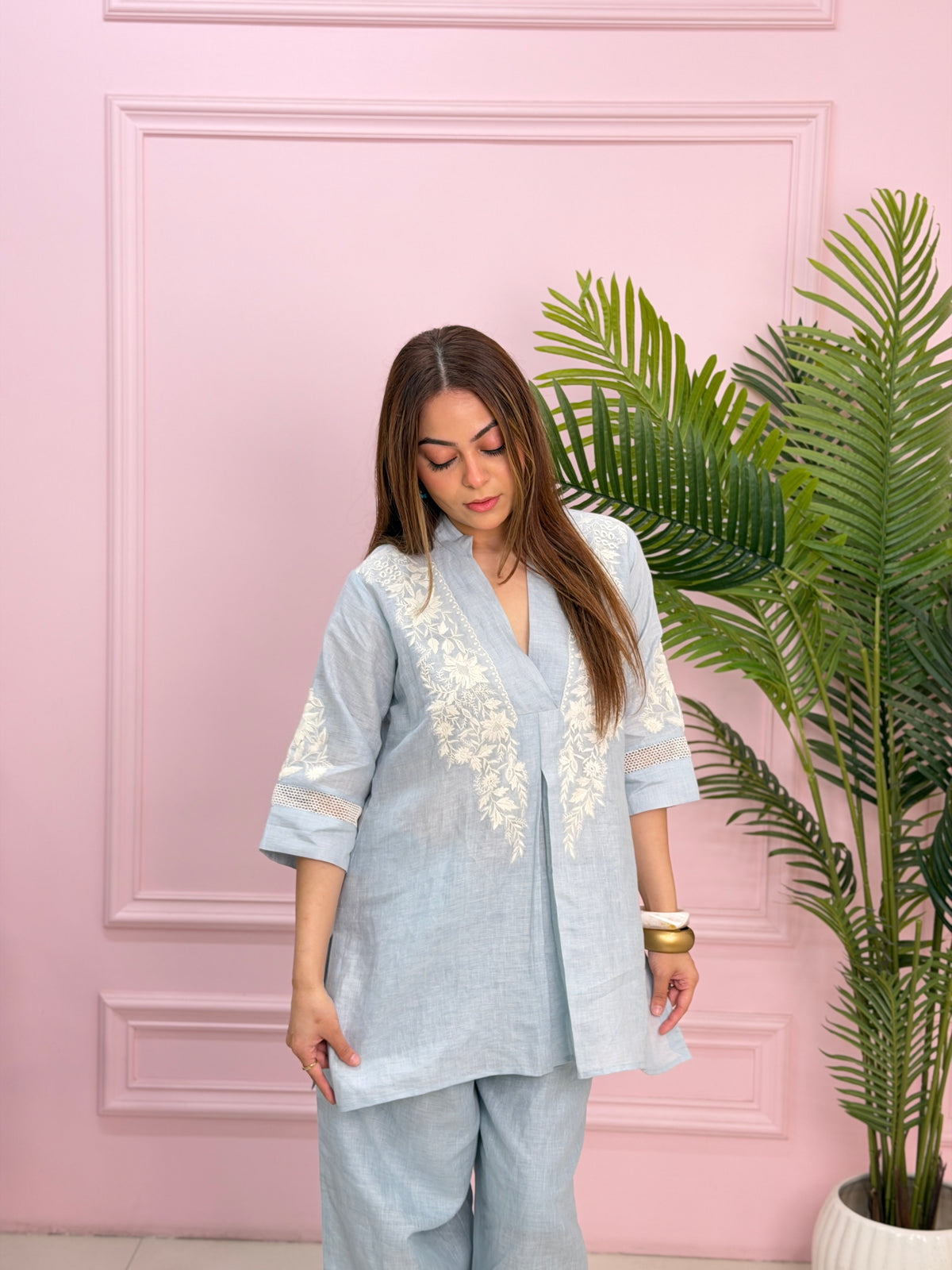 Sky Blue Embroidered Linen Co-ord Set image 3