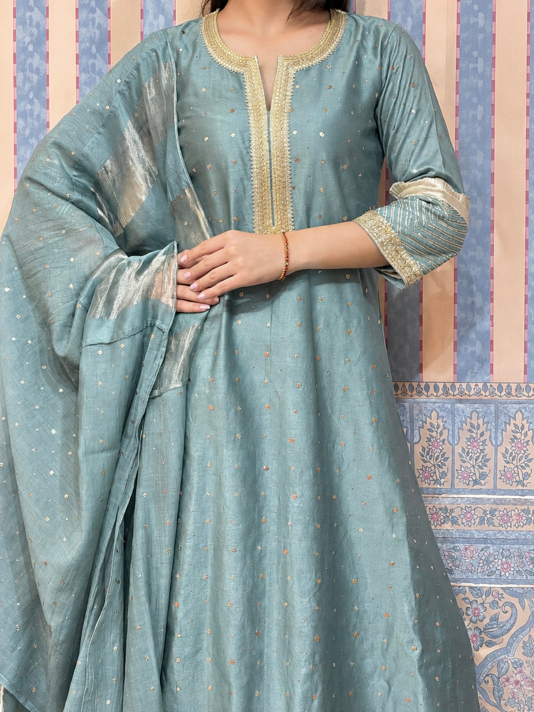 Blue Muqaish Chanderi Set