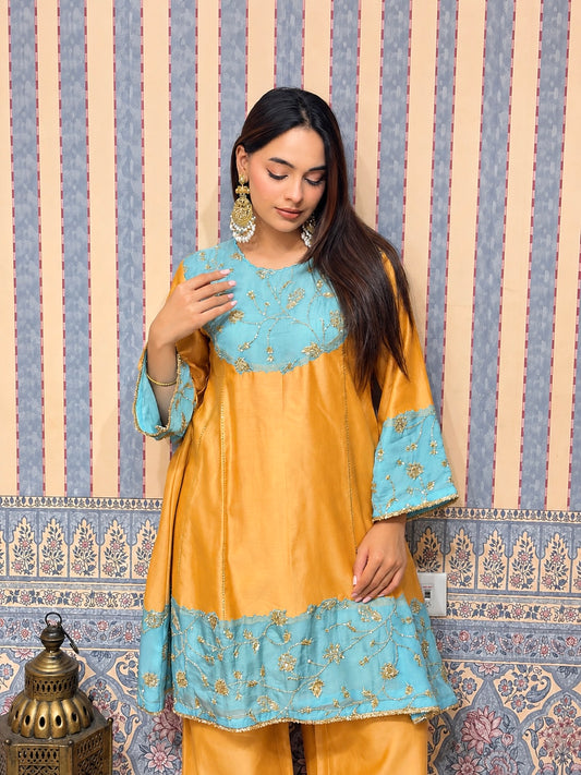 Orange & aqua  chanderi organza embroidered grace set