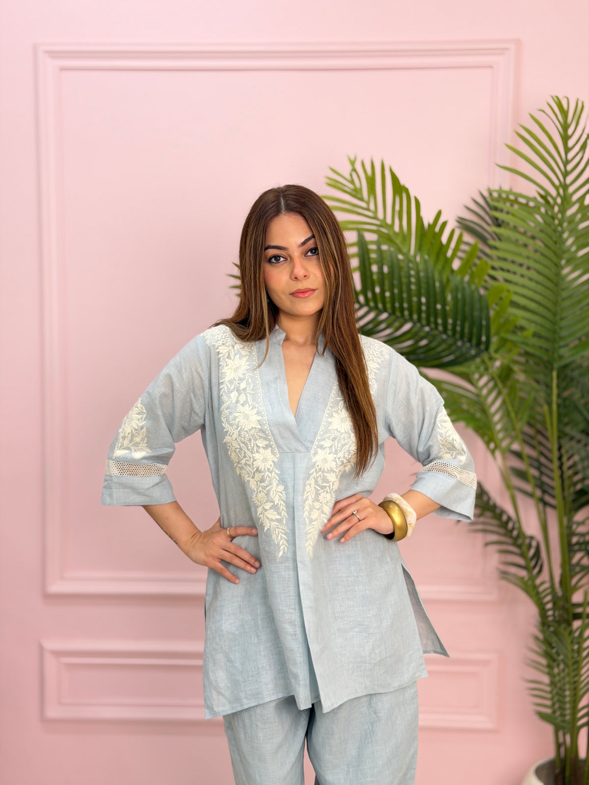 Sky Blue Embroidered Linen Co-ord Set image 0