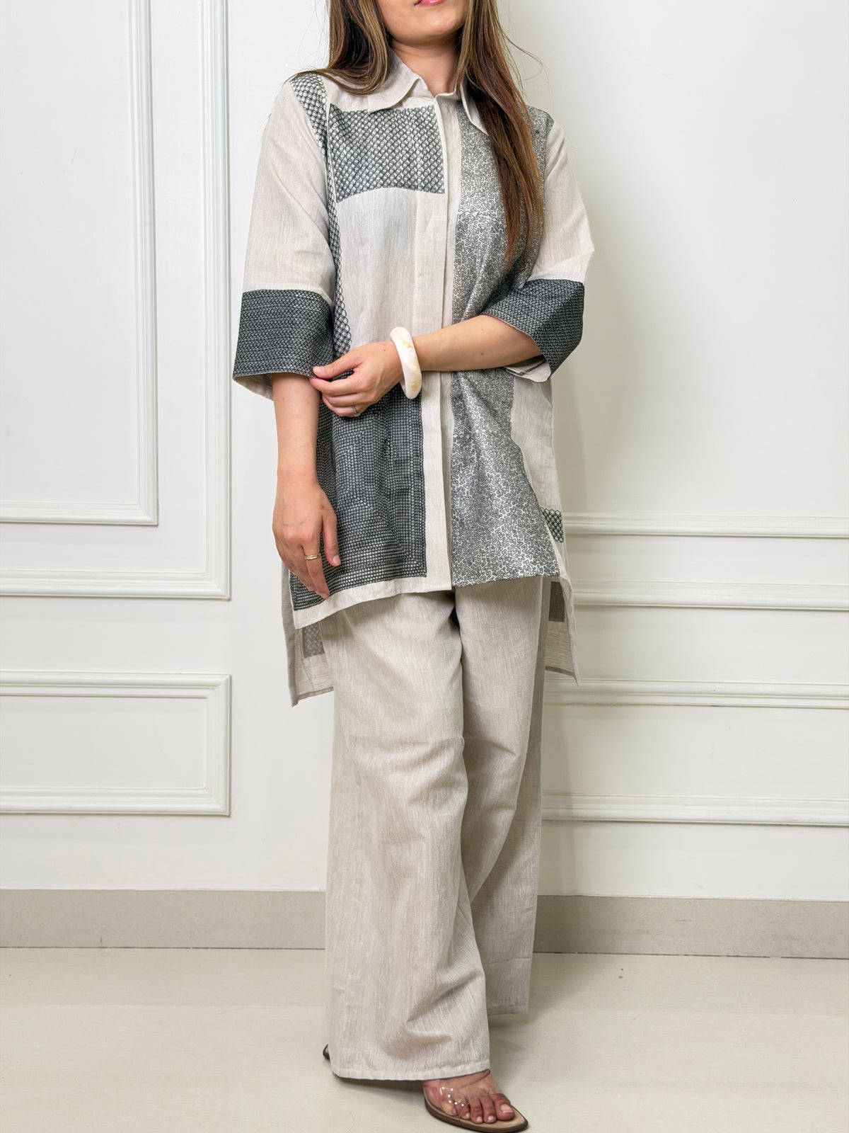 White Grey Panel Linen Co-ord Set image 2