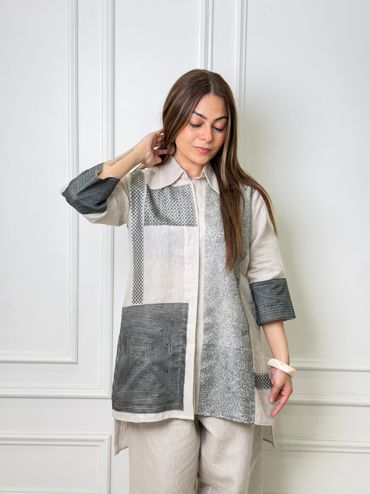White Grey Panel Linen Co-ord Set image 0